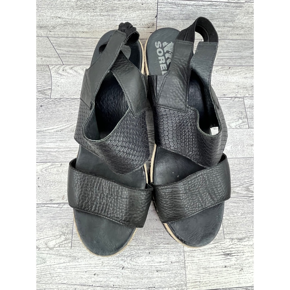 Sorel Joanie II Hi Slingback Wedge Sandals Black Leather Espadrille Women Sz 10 - Picture 10 of 11